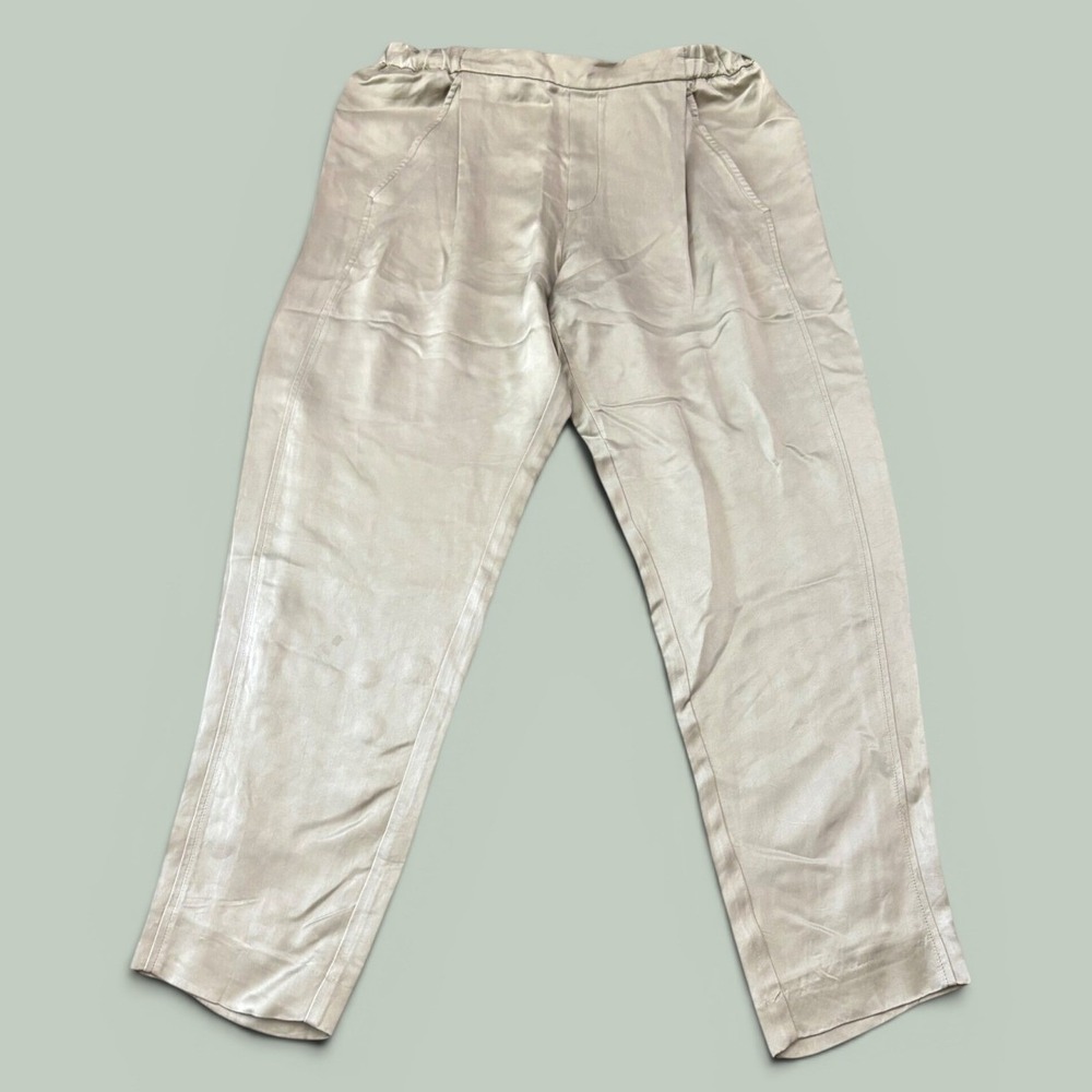 Champagne Gold Satin Elastic Waist Tapered Trousers Ankle Pants Women